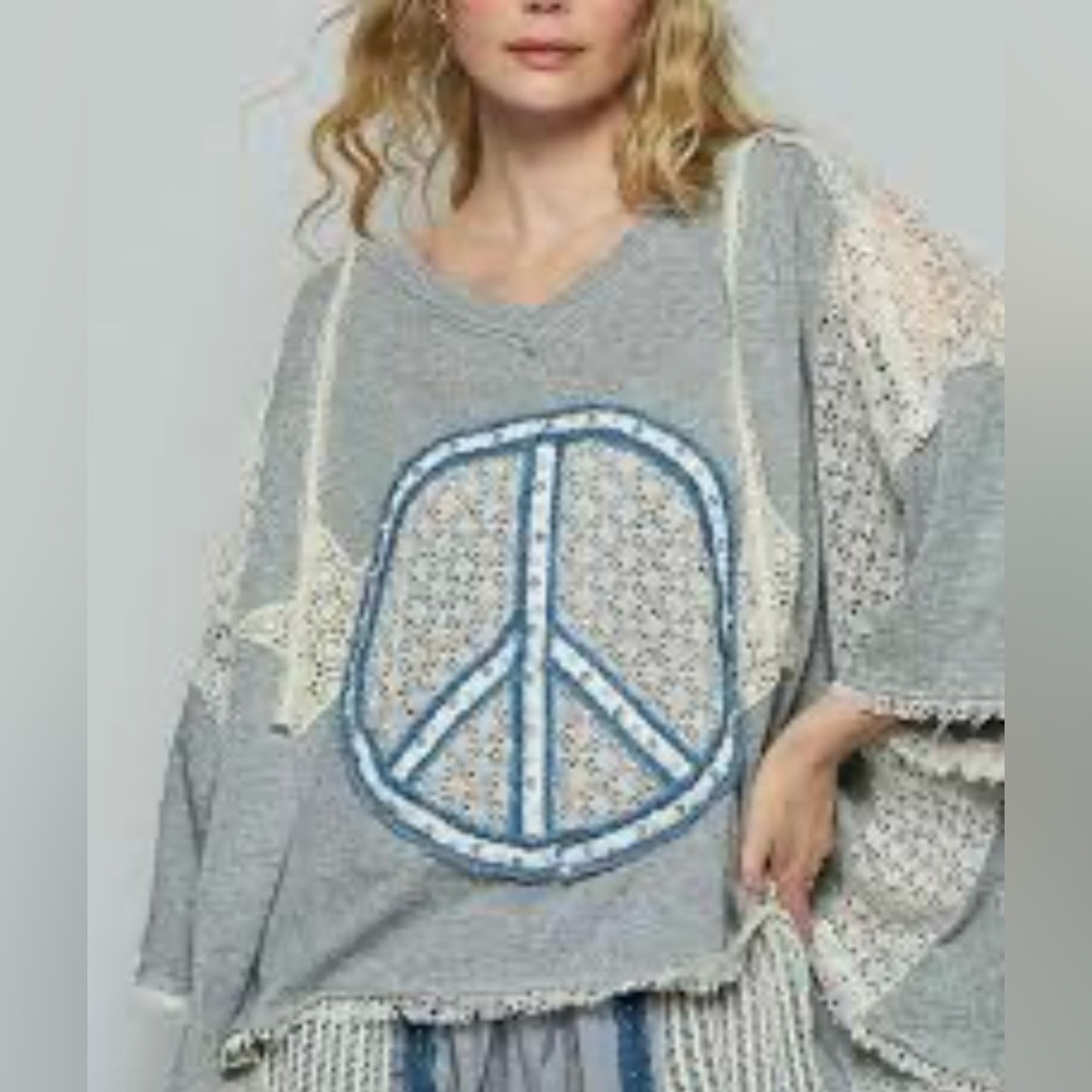 POL Gray Knit Top with Intricate Lace